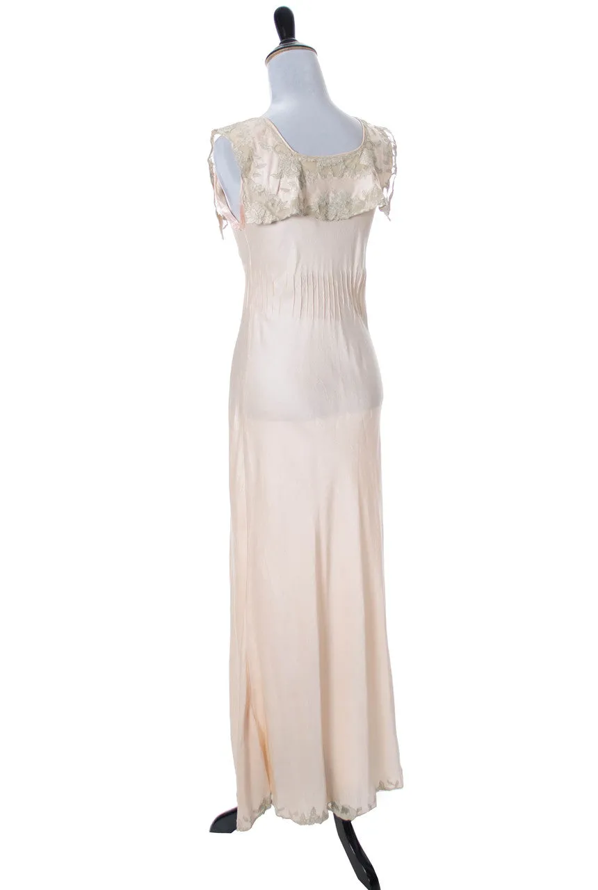 1930s Vintage Silk Nightgown with Lace Applique