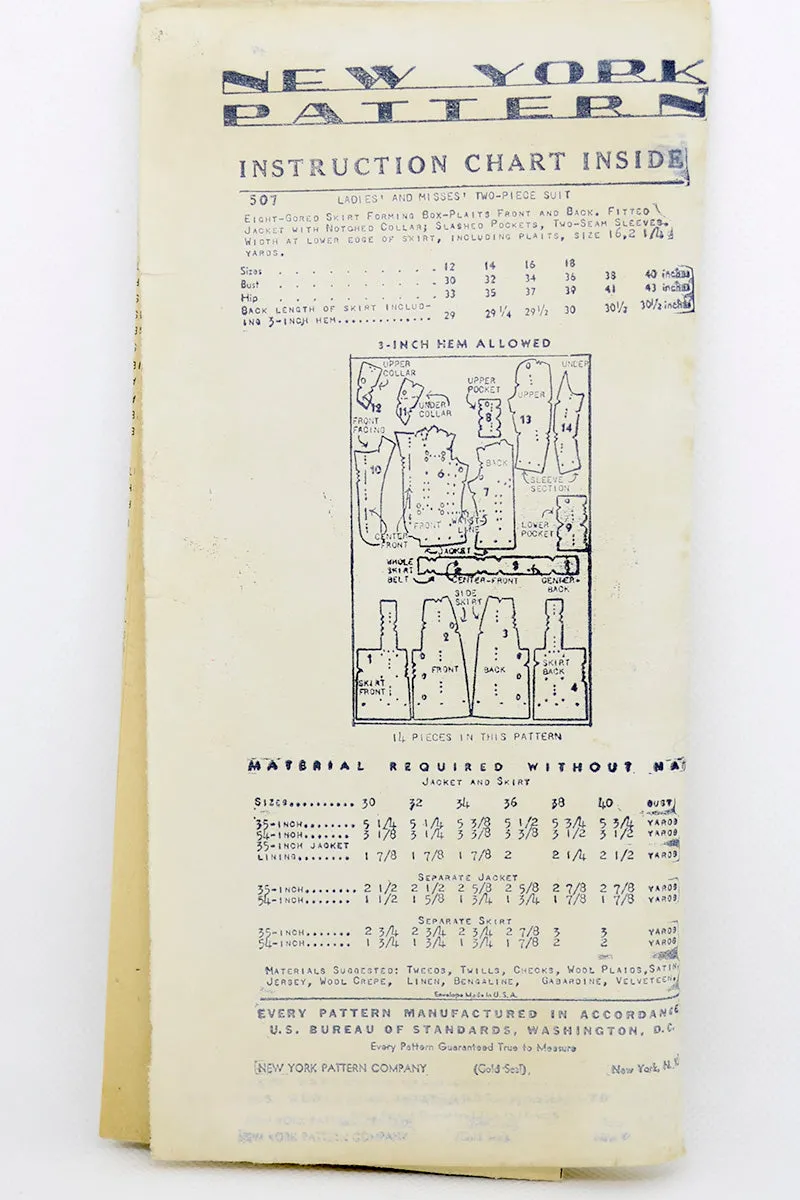 1940s New York 507 Vintage Sewing Pattern for Skirt & Jacket Suit