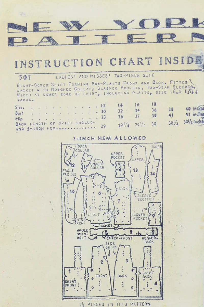 1940s New York 507 Vintage Sewing Pattern for Skirt & Jacket Suit