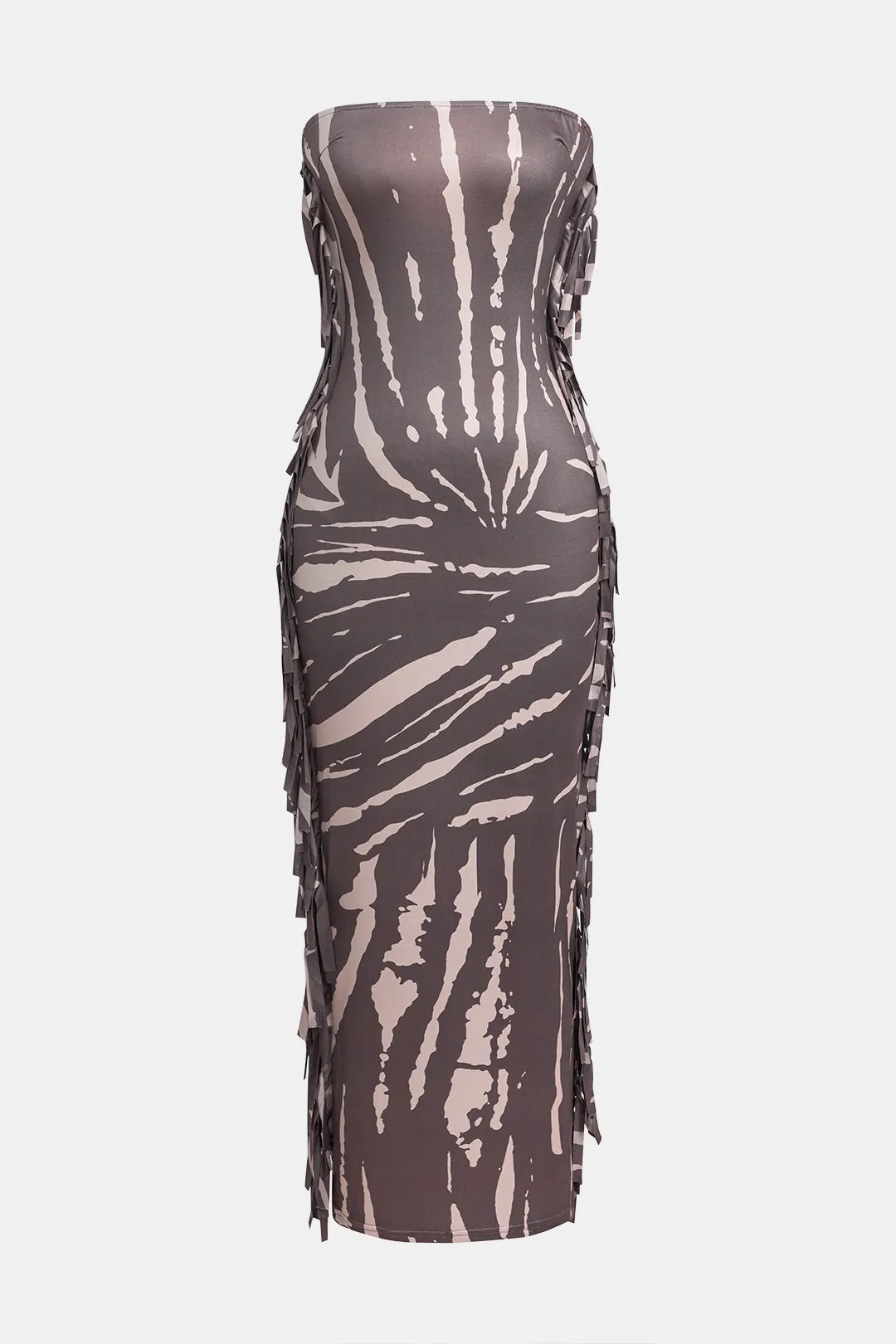 Abstract Print Fringe Strapless Maxi Dress