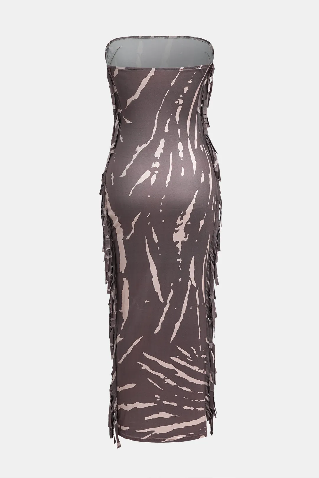 Abstract Print Fringe Strapless Maxi Dress