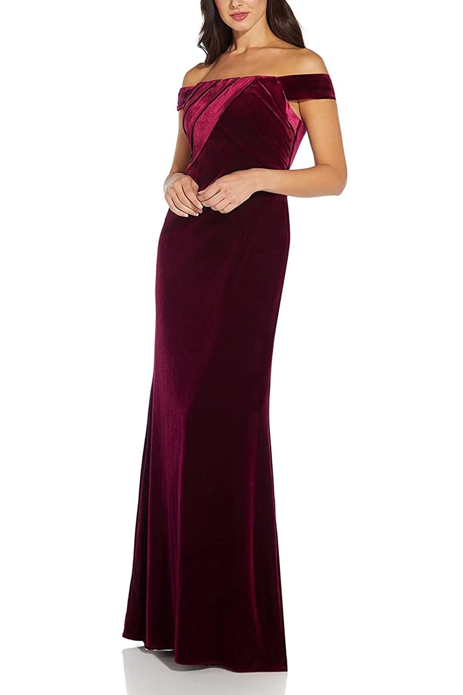 Adrianna Papell AP1E206226 Off Shoulder Pleated Long Velvet Formal Dress