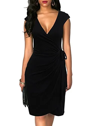 Amy Fashion - Christmas Vintage V-Neck Sheath Faux Black Wrap Dress