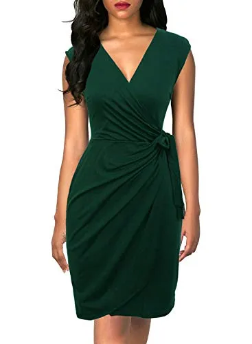 Amy Fashion - Christmas Vintage V-Neck Sheath Faux Black Wrap Dress