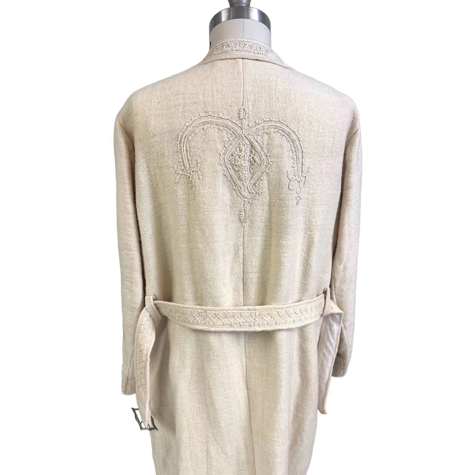 Antique Handwoven Wool Coat Edwardian Cream Embroidered L/XL Womens 1910s