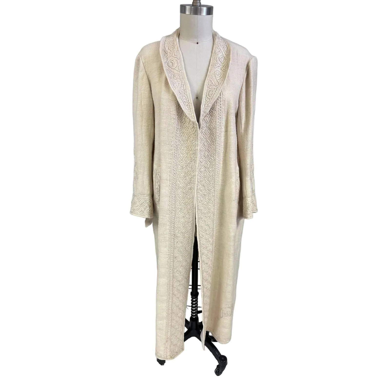 Antique Handwoven Wool Coat Edwardian Cream Embroidered L/XL Womens 1910s