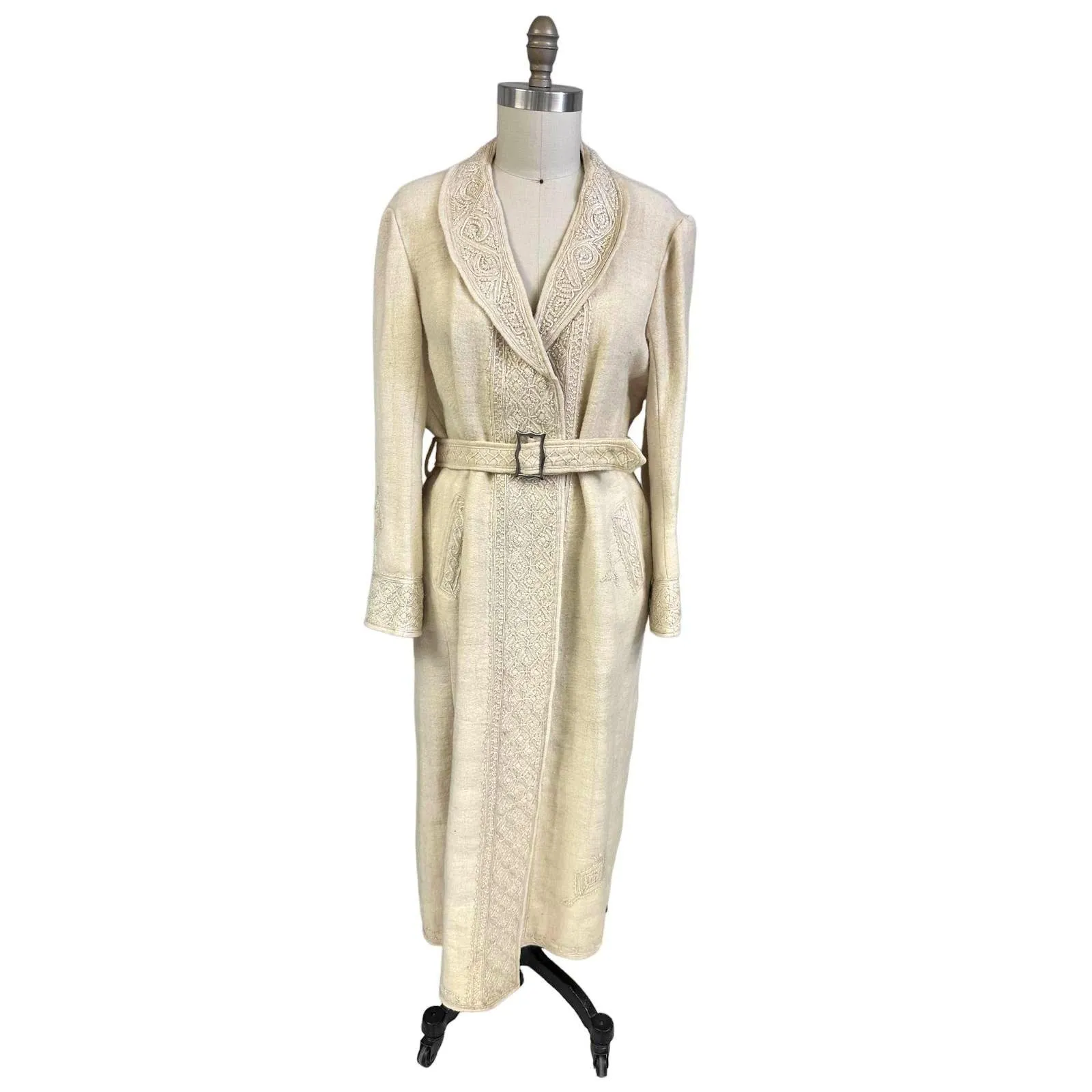 Antique Handwoven Wool Coat Edwardian Cream Embroidered L/XL Womens 1910s