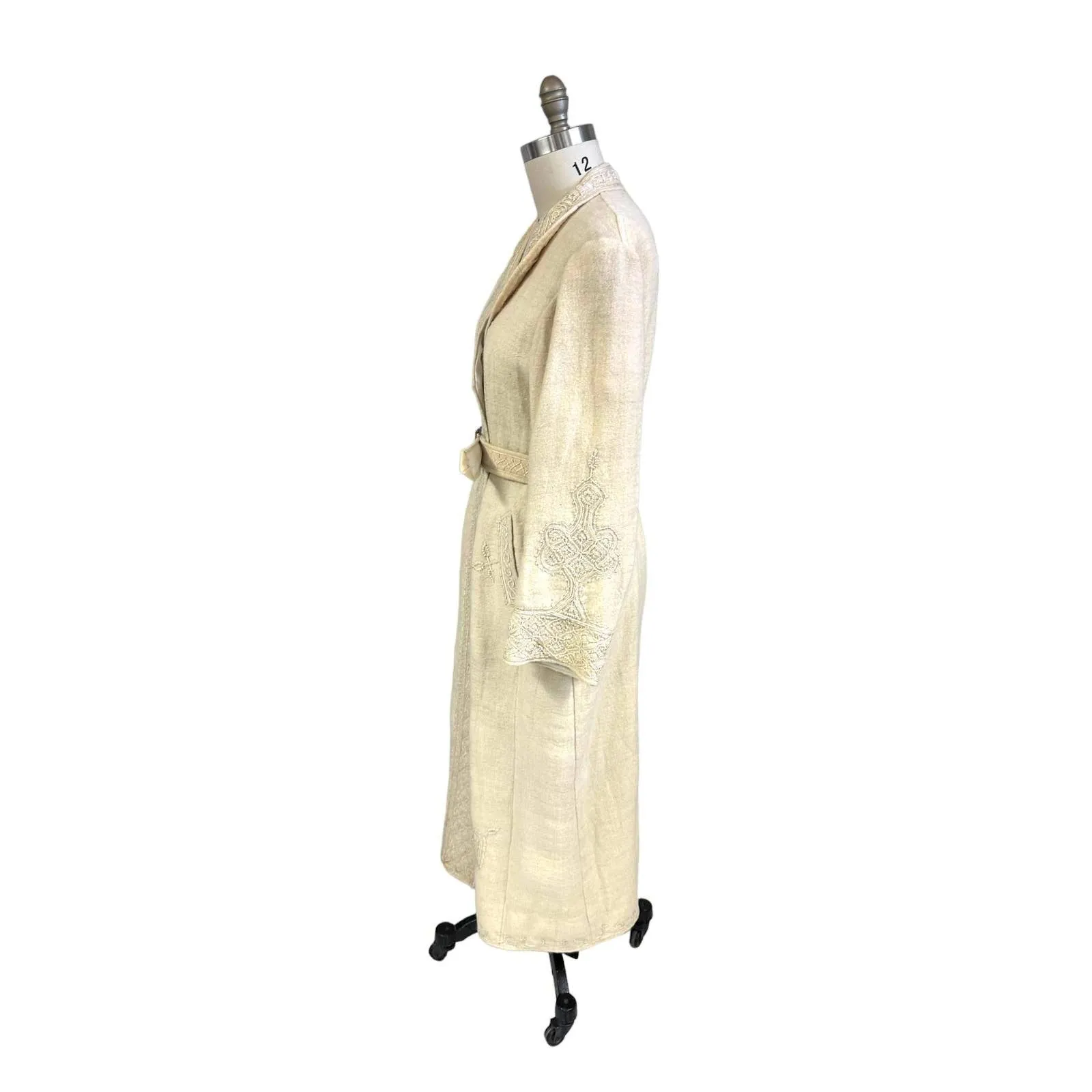 Antique Handwoven Wool Coat Edwardian Cream Embroidered L/XL Womens 1910s