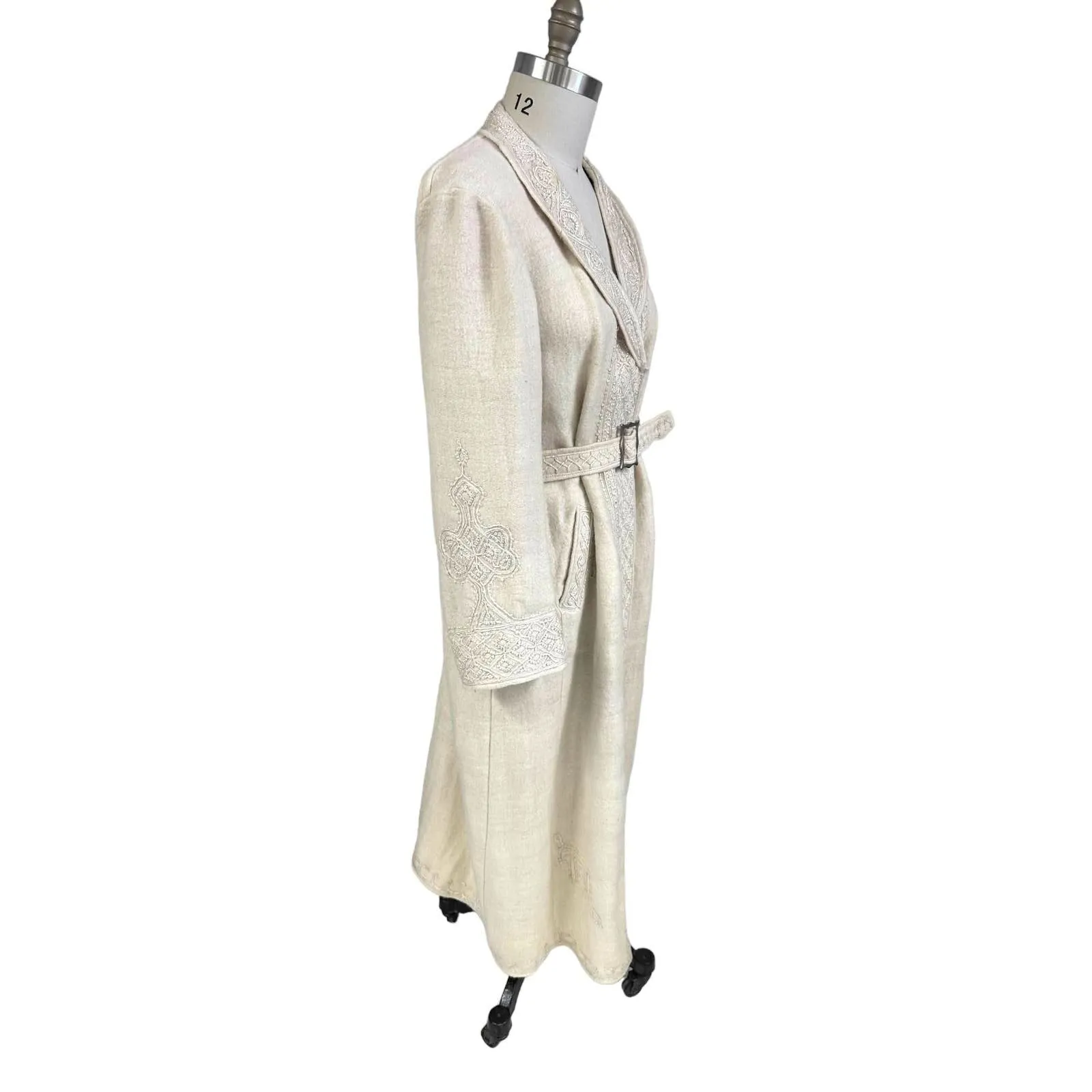 Antique Handwoven Wool Coat Edwardian Cream Embroidered L/XL Womens 1910s