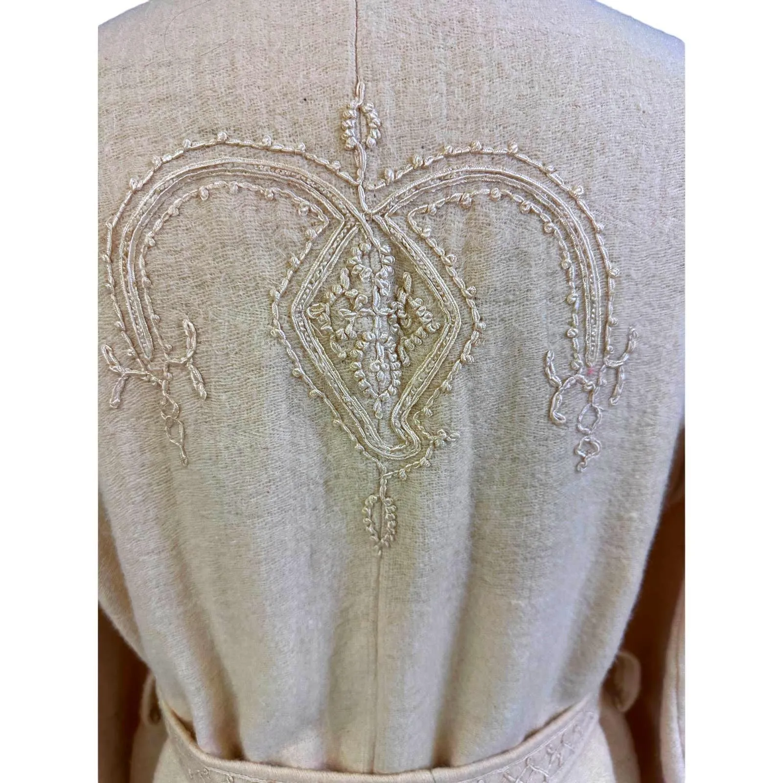 Antique Handwoven Wool Coat Edwardian Cream Embroidered L/XL Womens 1910s