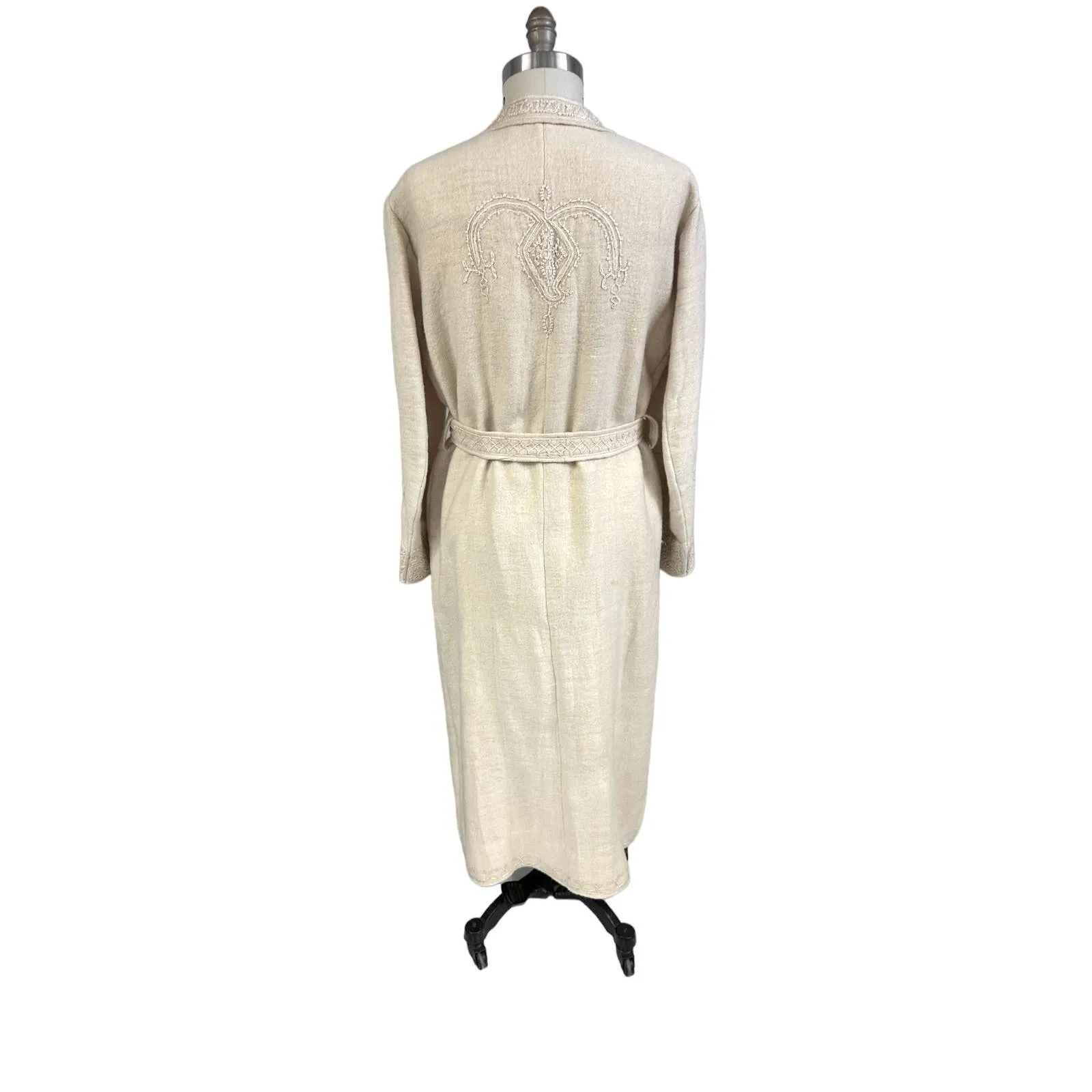 Antique Handwoven Wool Coat Edwardian Cream Embroidered L/XL Womens 1910s