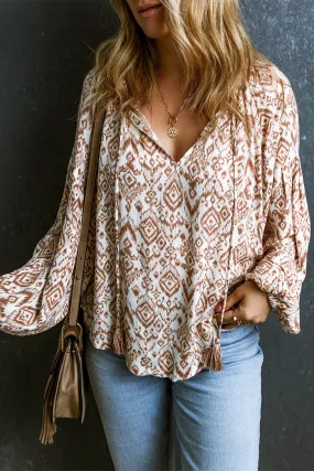 Apricot Western Print Balloon Sleeve Tassel Blouse