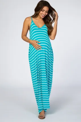 Aqua Striped Cami Strap Maternity Maxi Dress