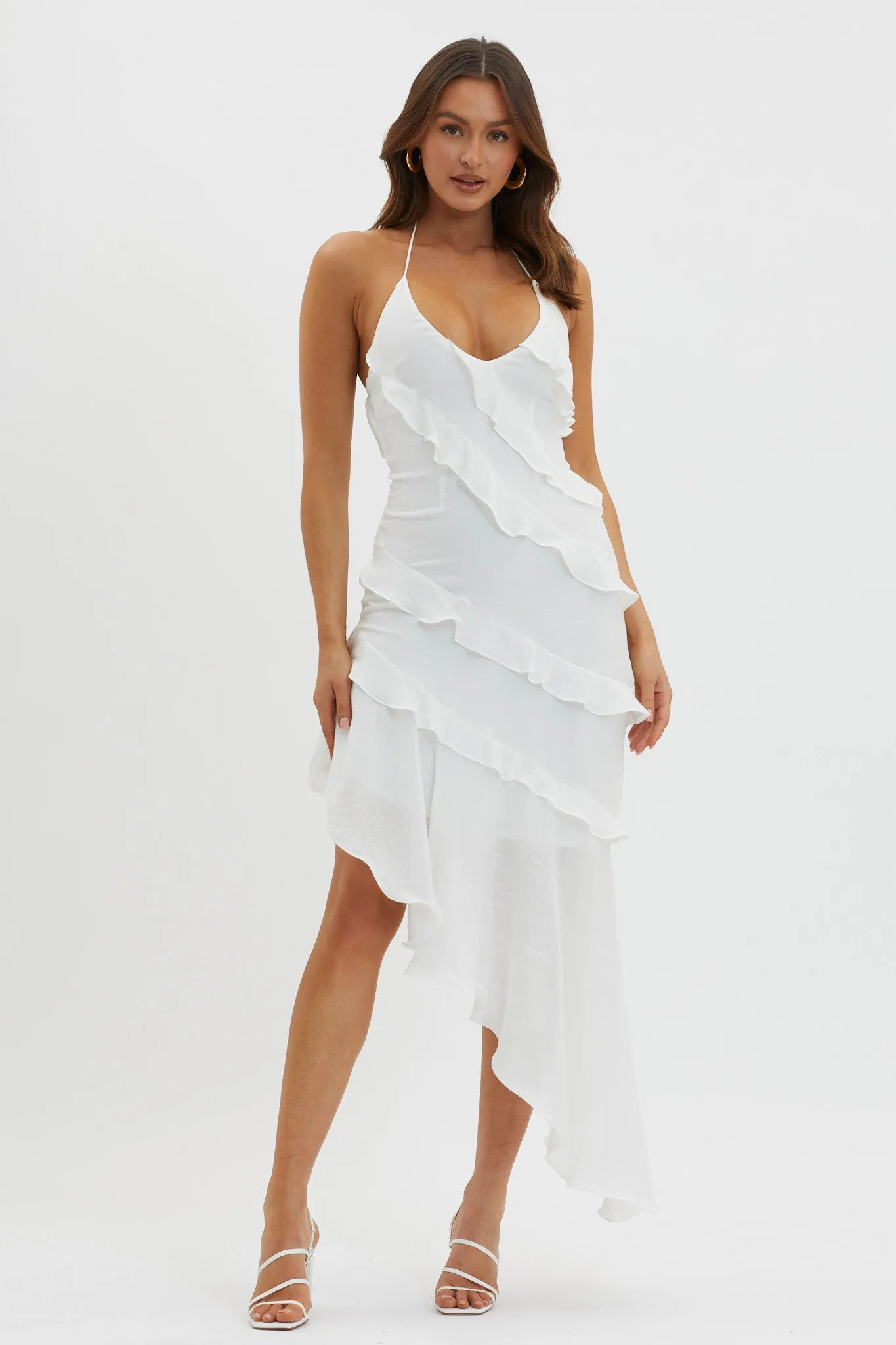 Arrabel Tiered Ruffle Asymmetric Midi Dress White