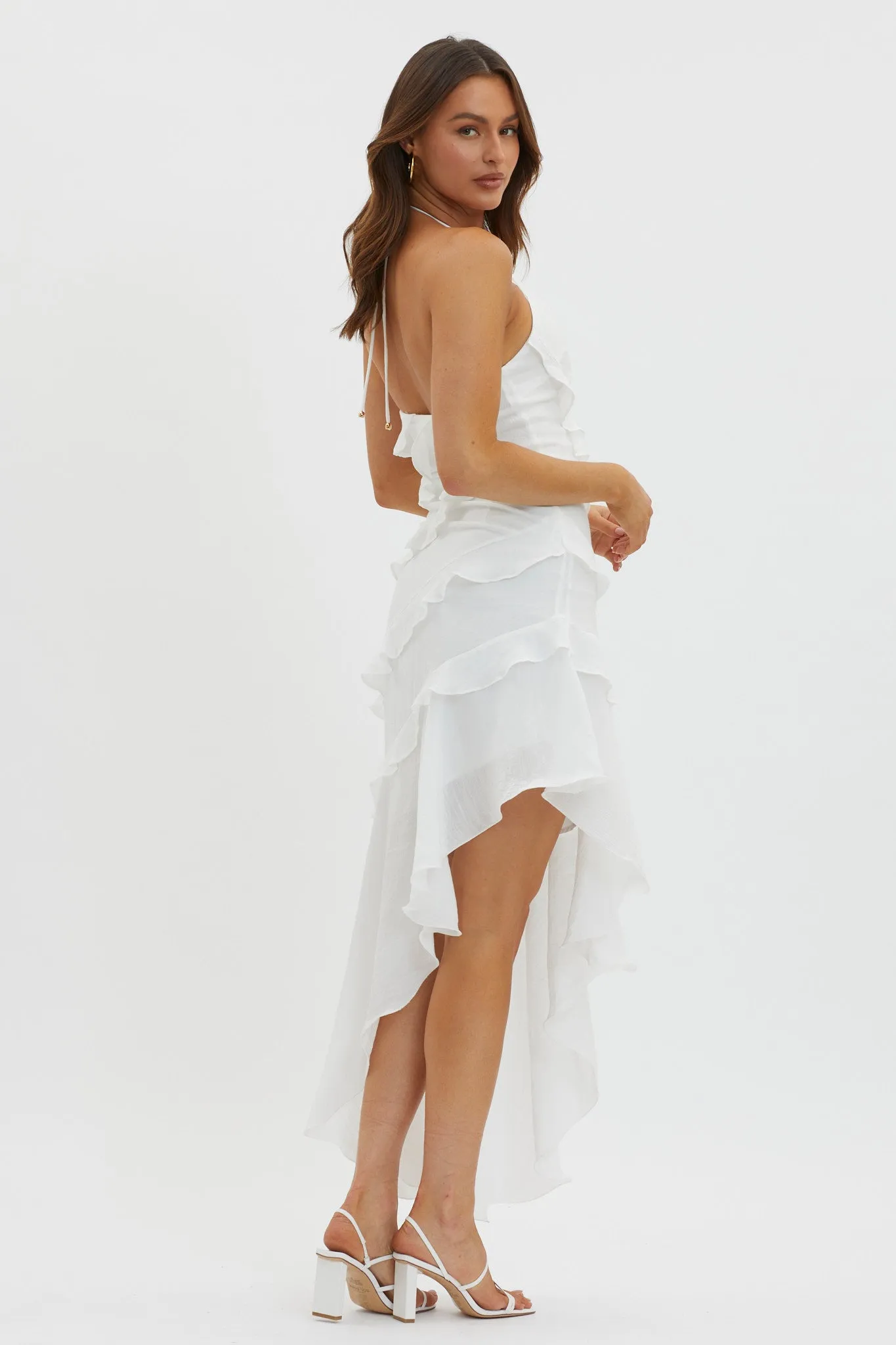 Arrabel Tiered Ruffle Asymmetric Midi Dress White