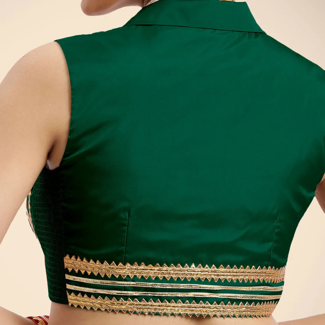 Avni x Tyohaar | Bottle Green Sleeveless FlexiFit™ Saree Blouse with Elegant Shawl Collar with Golden Gota Lace Embellishment