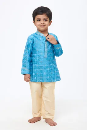 Azure Elegance: Boys' Jacquard Kurta with Tailored White Trousers