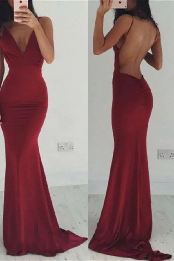 Backless Spaghetti Straps Burgundy Prom Dresses,V-neck Prom Dress,Evening Dresses,SVD348