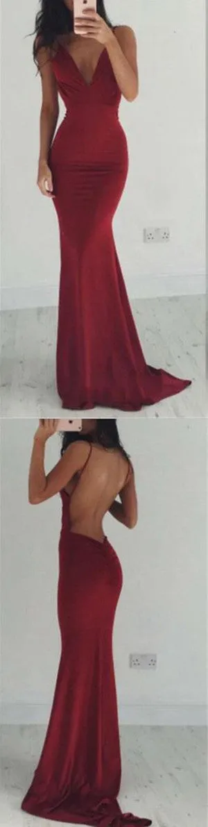 Backless Spaghetti Straps Burgundy Prom Dresses,V-neck Prom Dress,Evening Dresses,SVD348