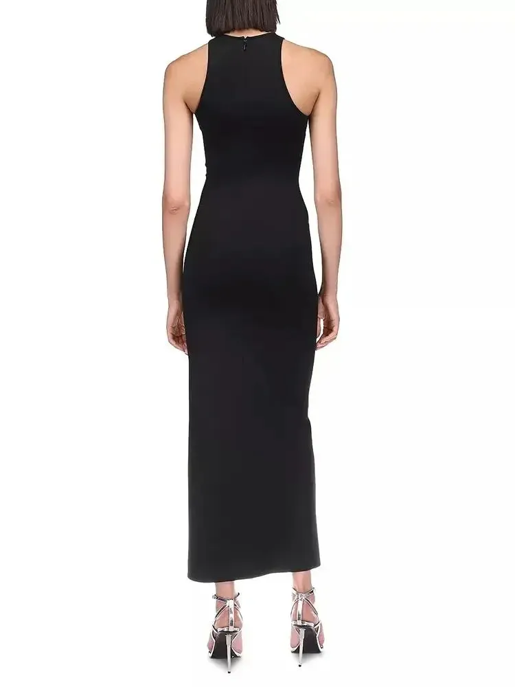 Black Sleeveless Maxi Bandage Dress with Diamond Flower Detail - Elegant Choice for Celebrity Parties & Events