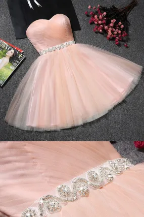 Blush Pink Tulle Strapless Sweetheart Neck Short Prom Dresses, Homecoming Dress,SH50