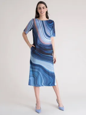 Boat Neck Marble Print Shift Dress - Blue and White