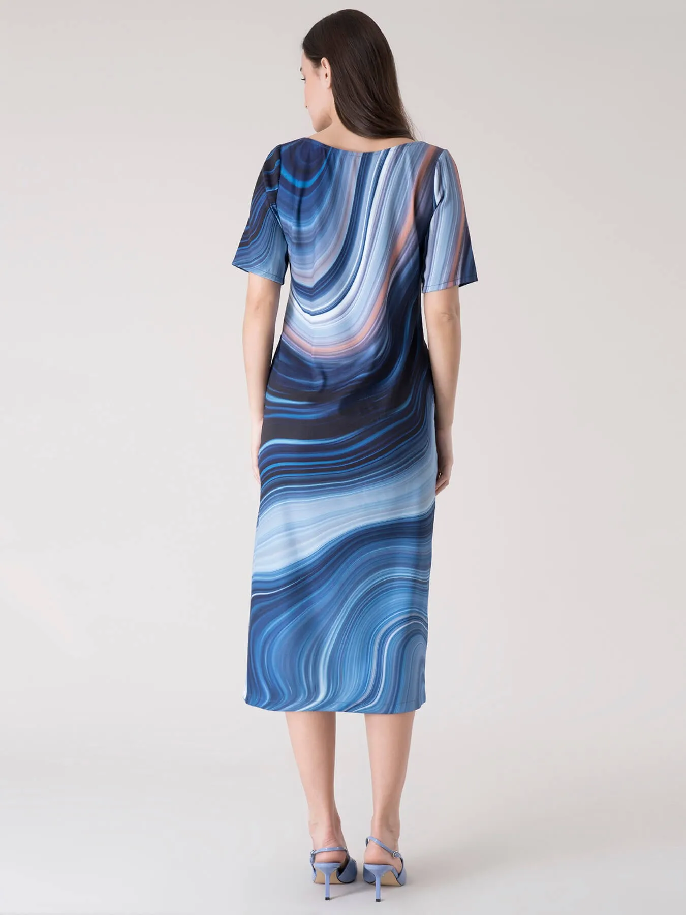 Boat Neck Marble Print Shift Dress - Blue and White