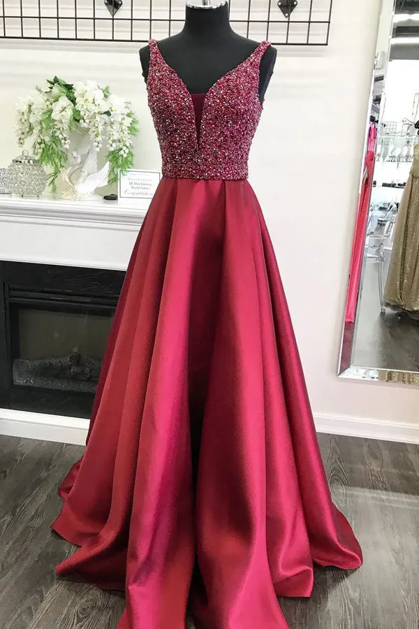 Burgundy Satin A-line V-neck Beaded Bodice Long Prom Dresses, M191