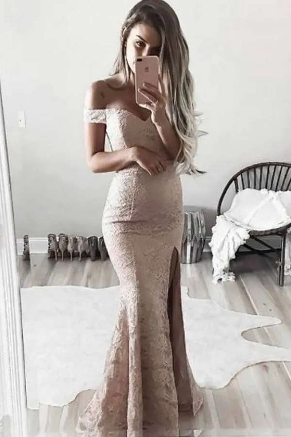 Charming Off Shoulder Cap Sleeve Long Prom Dresses with Side Slit, M211