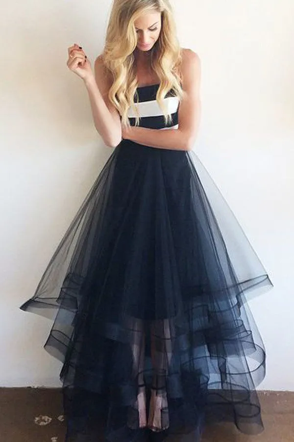 Cheap Tulle Navy Blue and White Stripe Simple Long Strapless Prom Dresses,M67