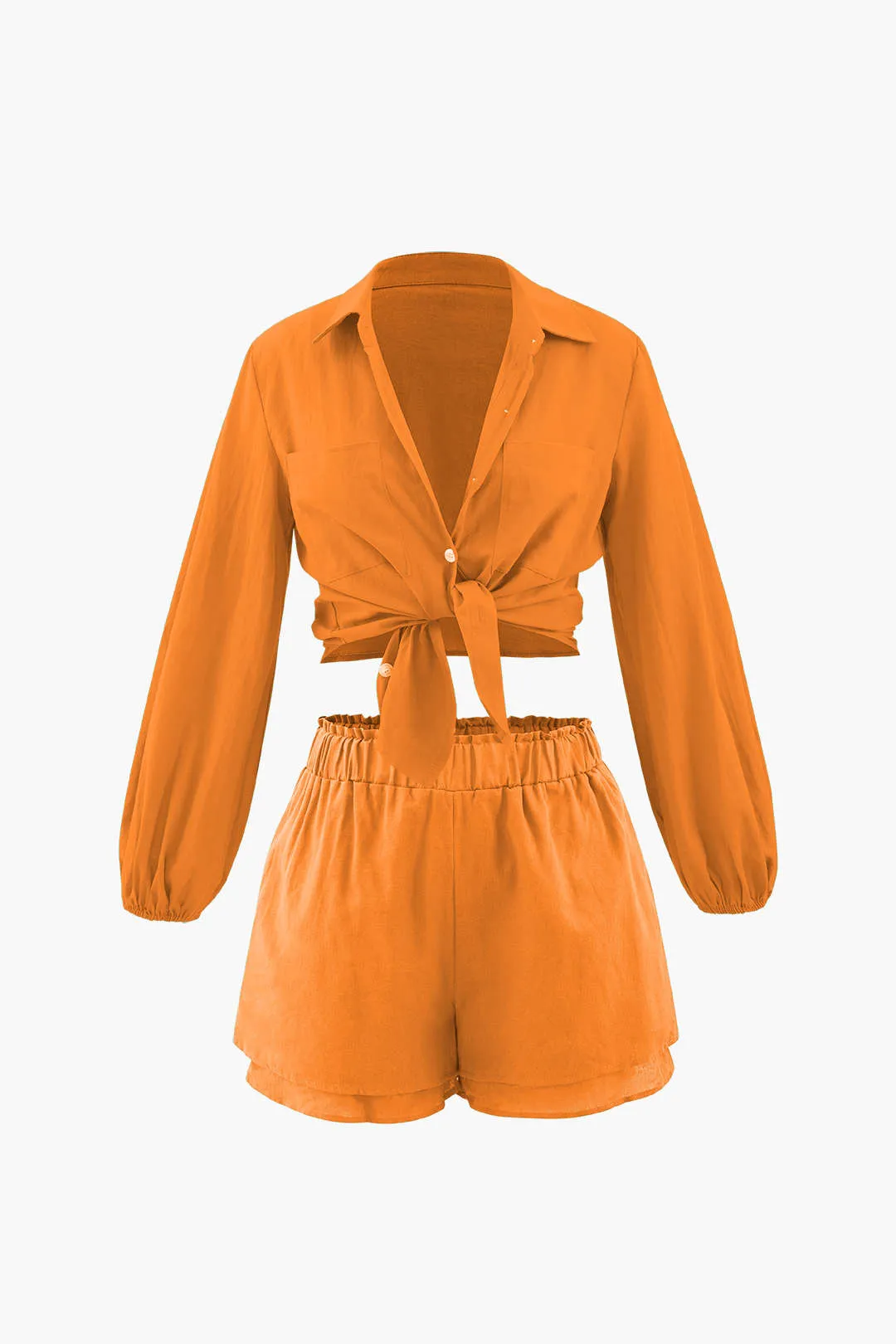 Chest Pocket Shirt And Frill Waist Shorts Set