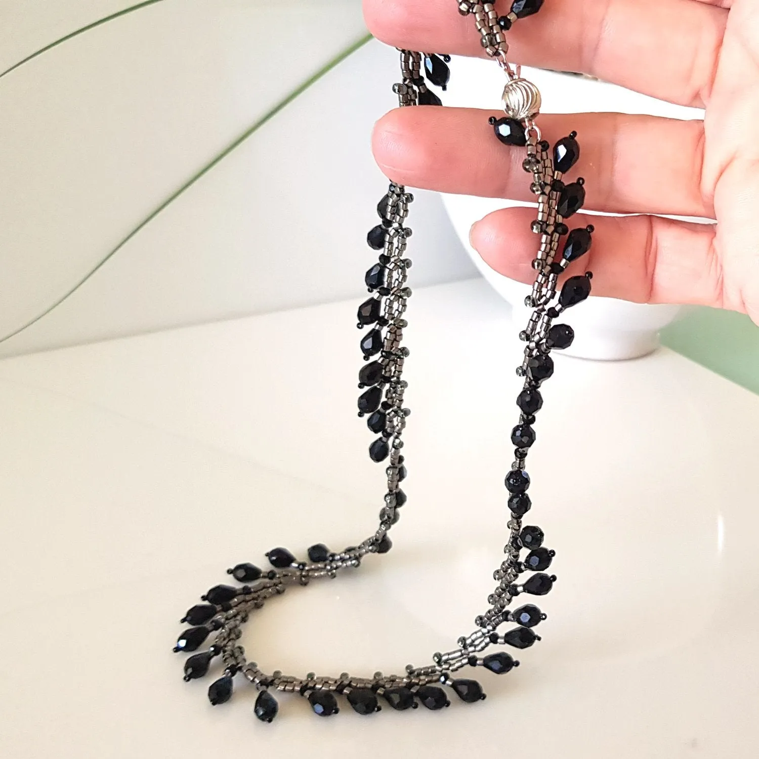 Classic Teardrop Beauty - Black Teardrop Fringe Silver Necklace | (KJ-399N) Handmade Necklace