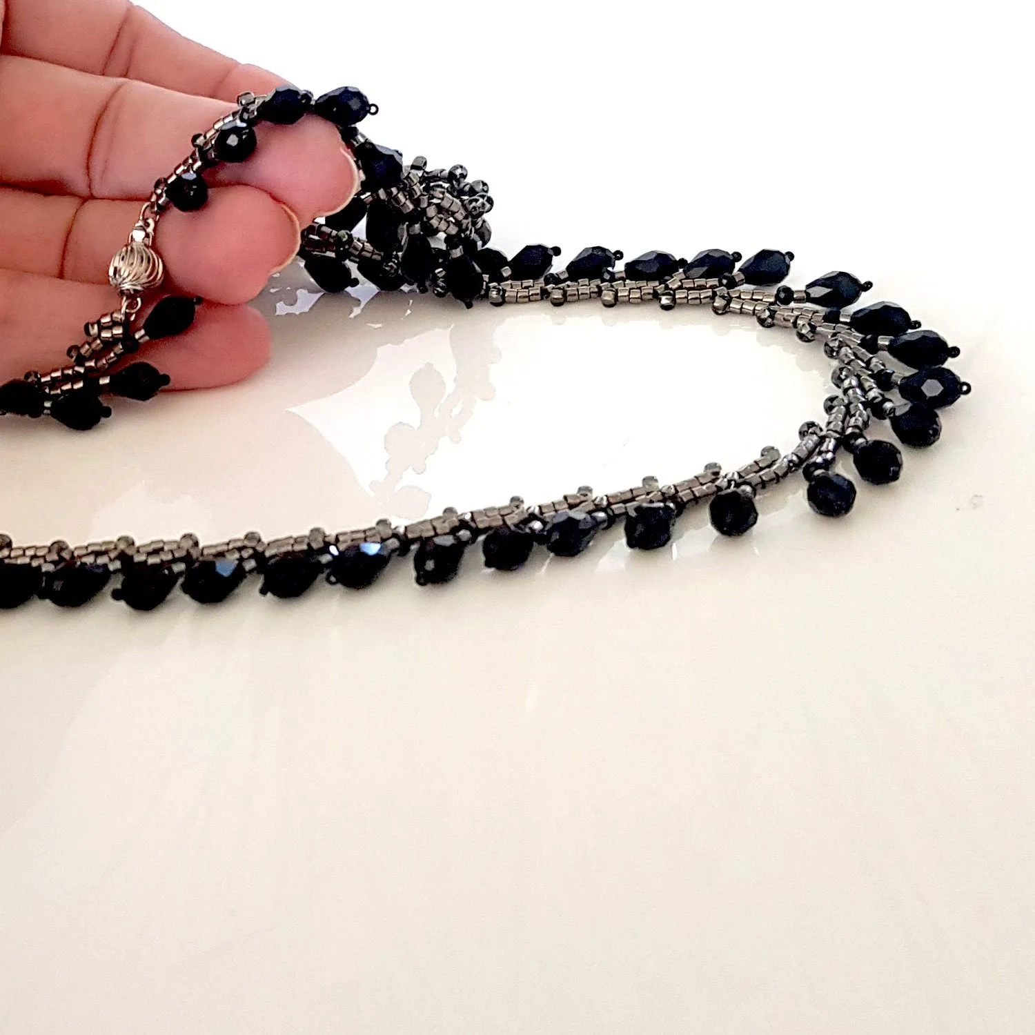 Classic Teardrop Beauty - Black Teardrop Fringe Silver Necklace | (KJ-399N) Handmade Necklace