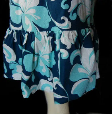 *COOL AS A CUCUMBER SUMMER SUNDRESS ADORNED WITH EXOTIC FLOWERS AND LEAVES IN AQUA, WHITE & MISTY NAVY - EXTRA LARGE - XL