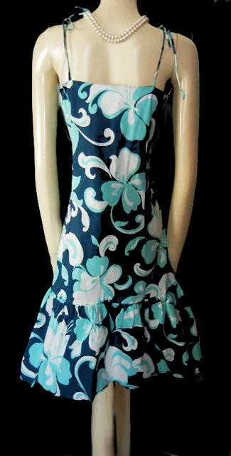 *COOL AS A CUCUMBER SUMMER SUNDRESS ADORNED WITH EXOTIC FLOWERS AND LEAVES IN AQUA, WHITE & MISTY NAVY - EXTRA LARGE - XL