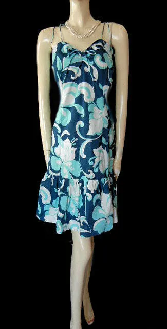 *COOL AS A CUCUMBER SUMMER SUNDRESS ADORNED WITH EXOTIC FLOWERS AND LEAVES IN AQUA, WHITE & MISTY NAVY - EXTRA LARGE - XL