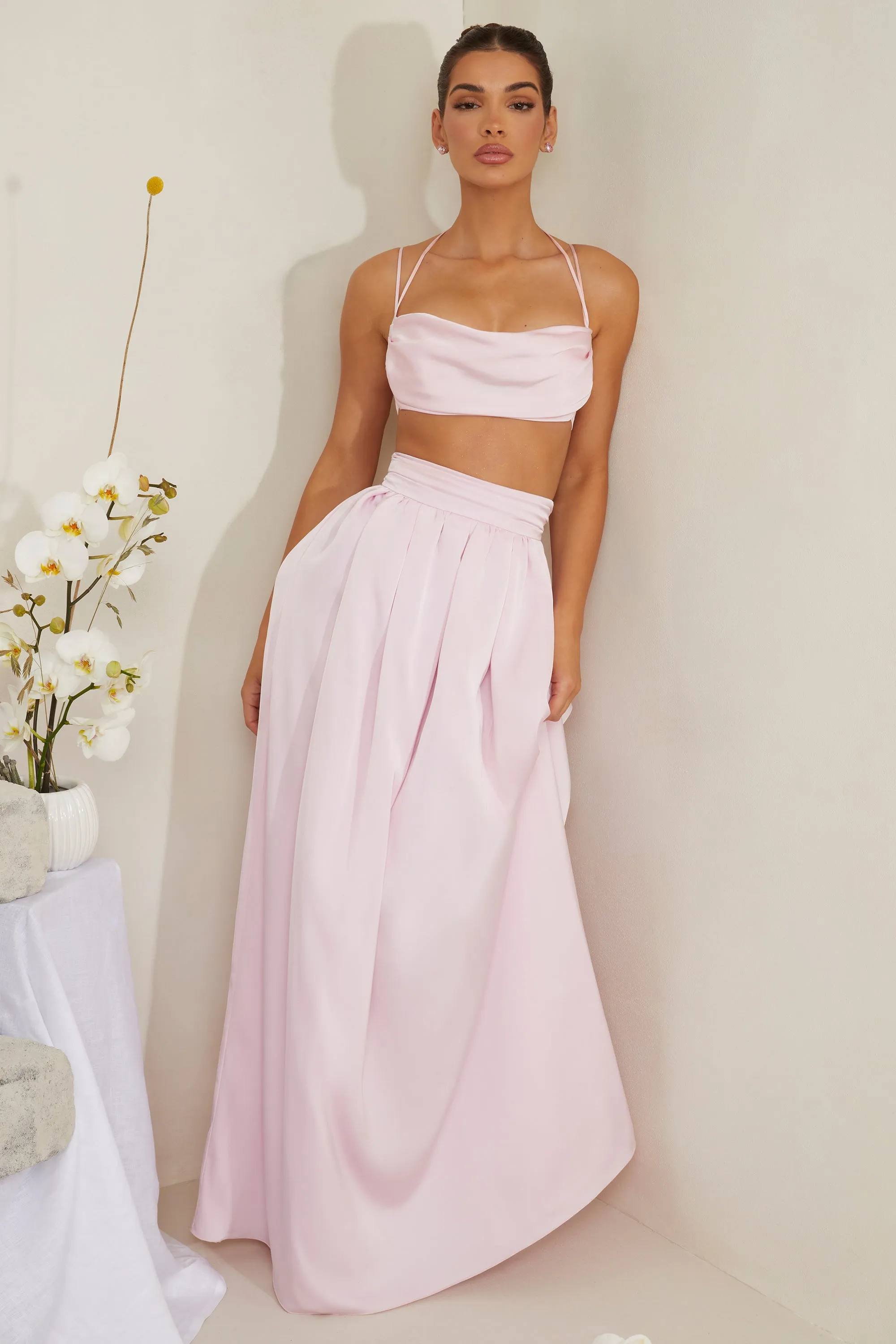 Cowl Neck Heavy Satin Crop Top in Pink