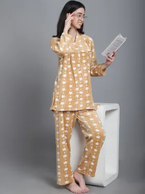 Cozy Star Print Winter Night Suit - Beige