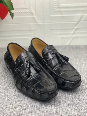 Crocodile  Leather Shoes Mens Slip-On Driving Loafer Shoes With Tassle Vintage Dark Grey