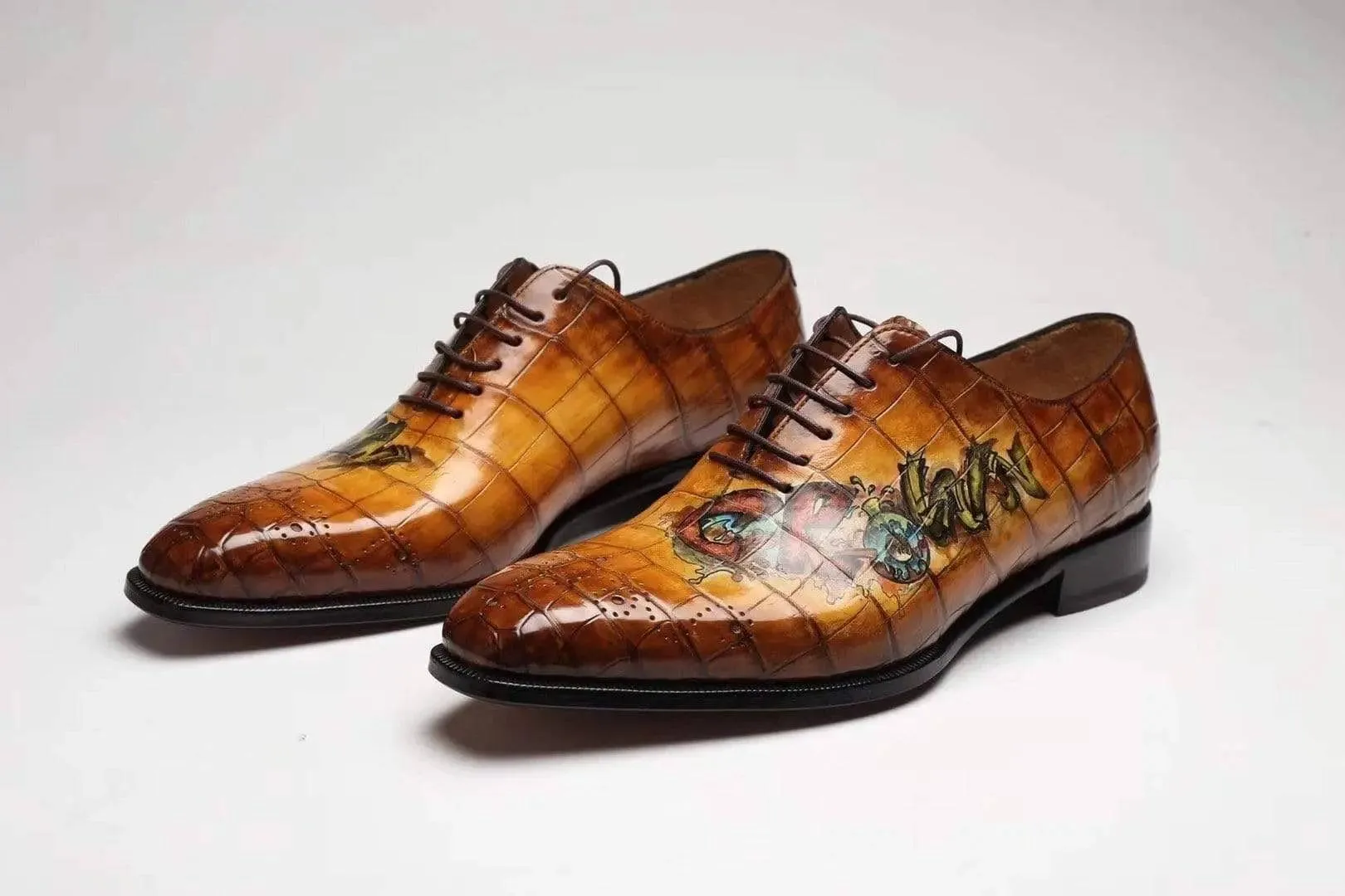 Crocodile Shoes Brown Crocodile Leather Shoes Men Lace Up Business Formal Dress Shoes With Hand Paiting Floral