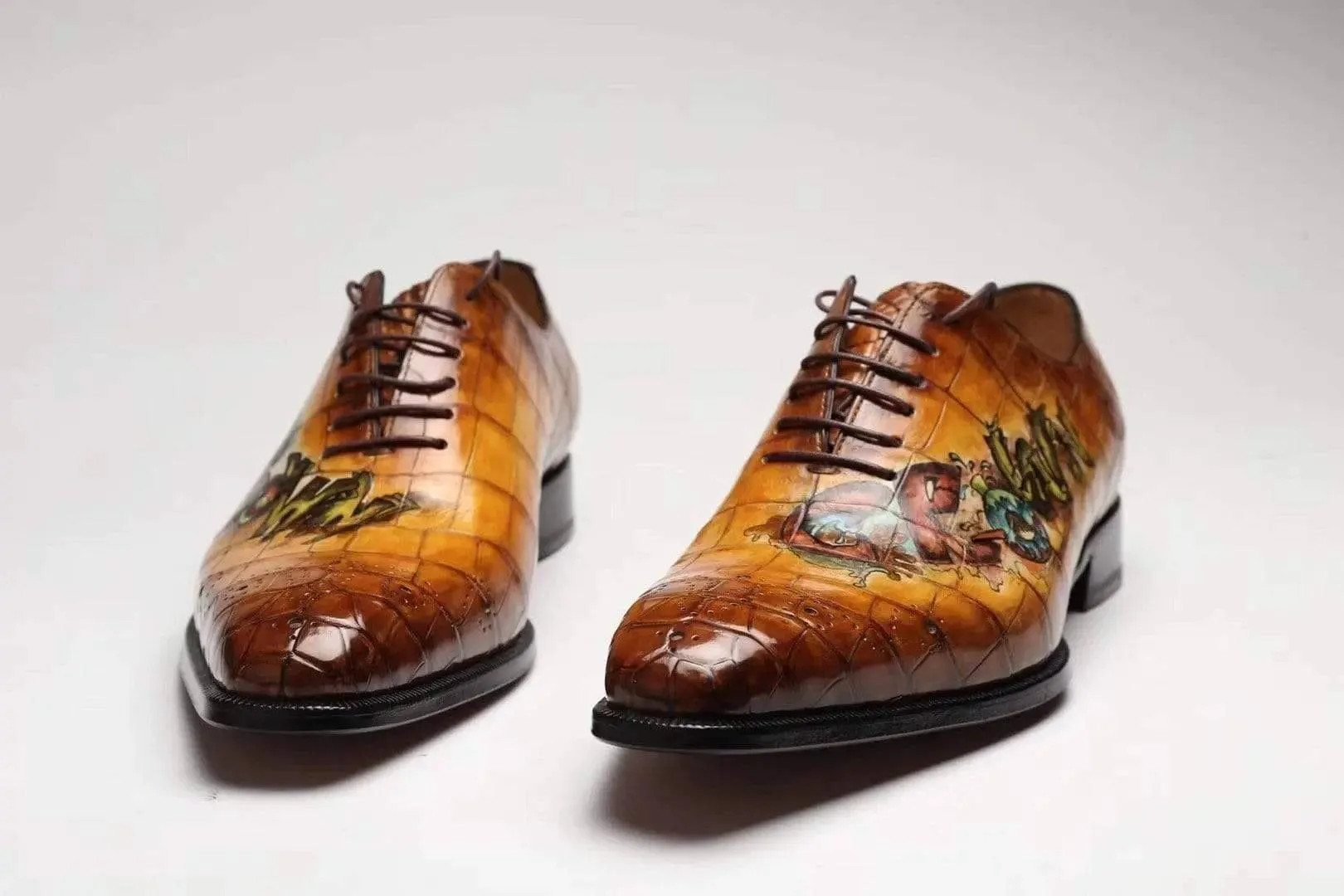 Crocodile Shoes Brown Crocodile Leather Shoes Men Lace Up Business Formal Dress Shoes With Hand Paiting Floral