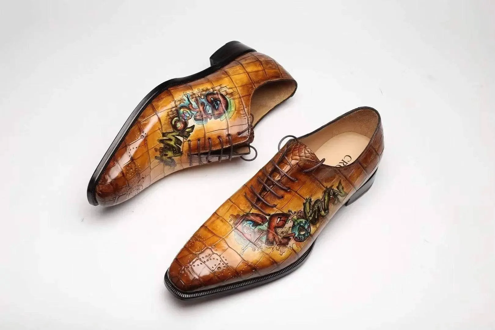 Crocodile Shoes Brown Crocodile Leather Shoes Men Lace Up Business Formal Dress Shoes With Hand Paiting Floral