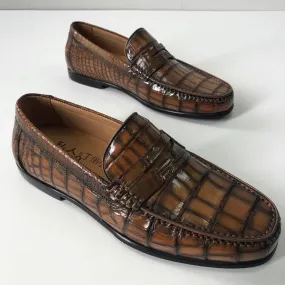 Crocodile Shoes Crocodile  Leather Shoes Mens Slip-On Driving Loafer Shoes Vintage Brown