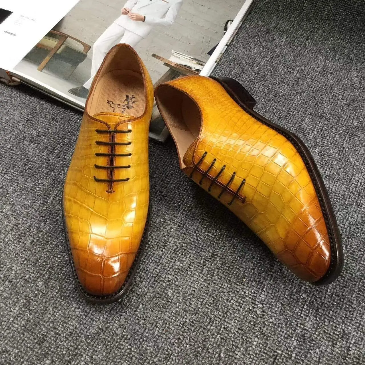 Crocodile Shoes Genuine Crocodile Belly Leather Mens Grand Cap Toe Dress Shoes