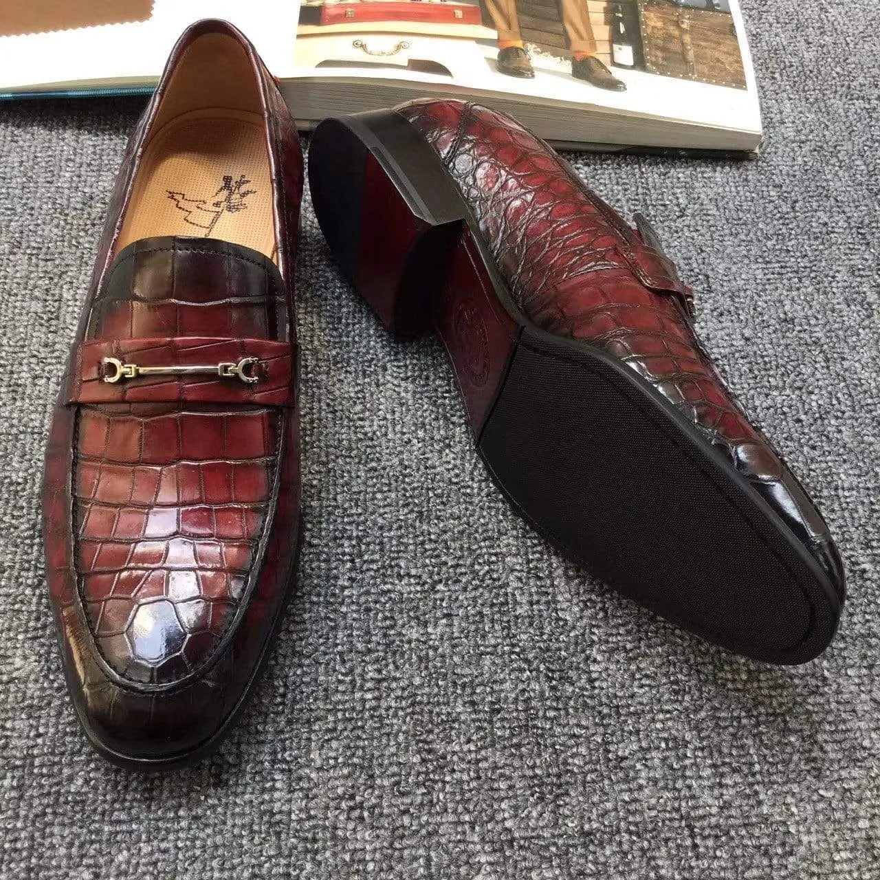 Crocodile Shoes Genuine Crocodile Belly Leather Shoes  Mens Lofers  Slip On Driving Shoes Casual Flats With Brogue Detail (Tuscania)