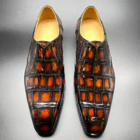 Crocodile Shoes Genuine Crocodile Leather Mens Penny Loafers Dress Shoes Hand Painted Vintage Brown