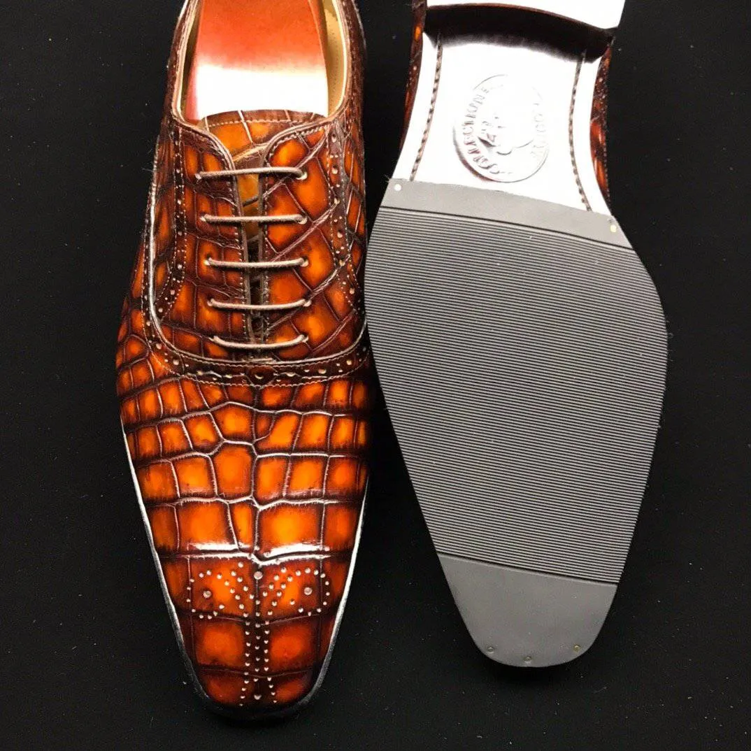 Crocodile Shoes Genuine Crocodile Leather Mens Wingtip Formal Lace up Wedding Office Shoes