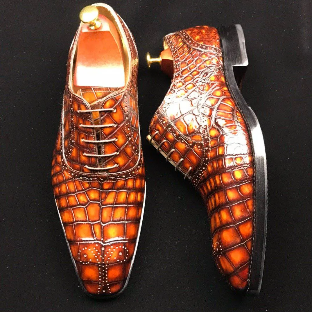 Crocodile Shoes Genuine Crocodile Leather Mens Wingtip Formal Lace up Wedding Office Shoes