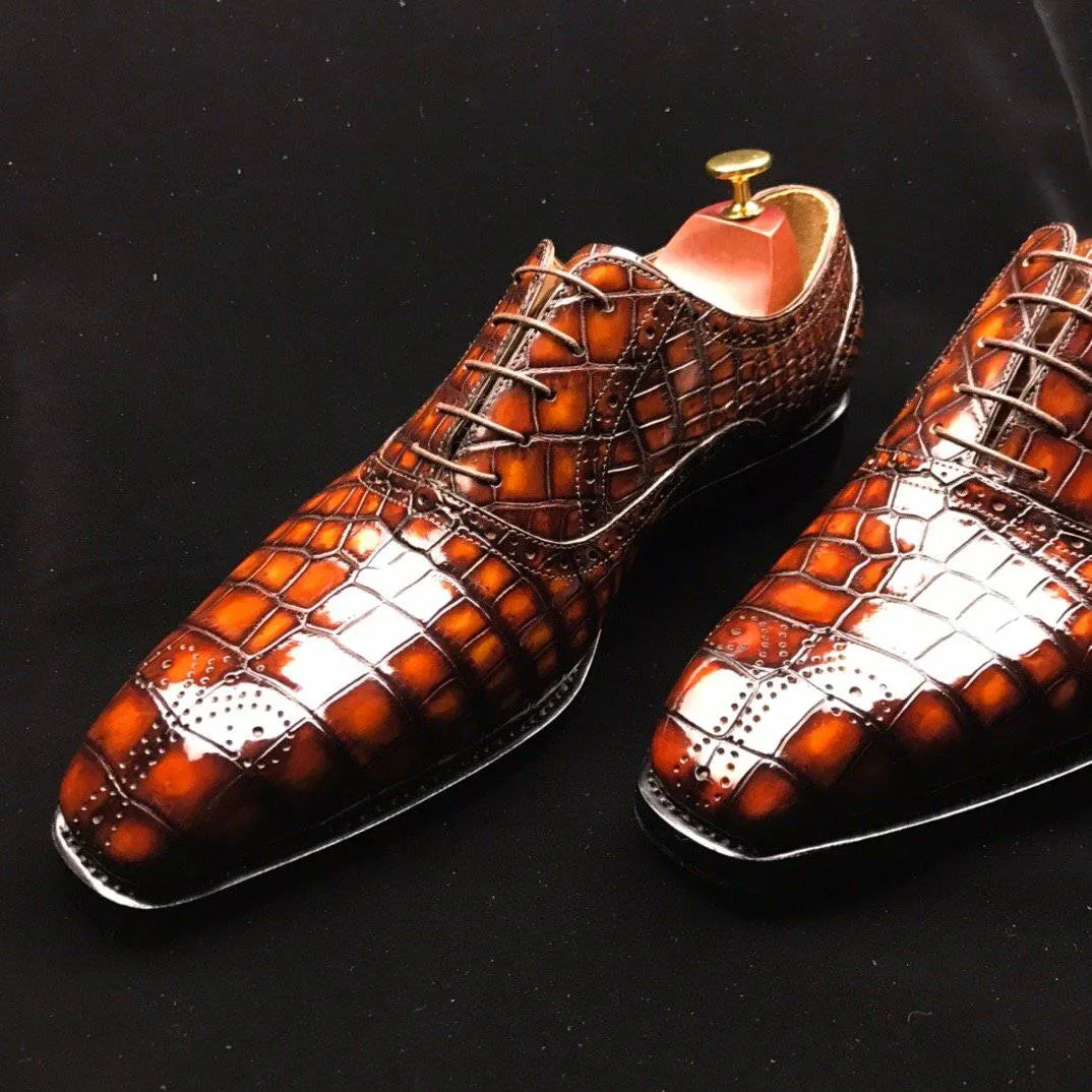 Crocodile Shoes Genuine Crocodile Leather Mens Wingtip Formal Lace up Wedding Office Shoes