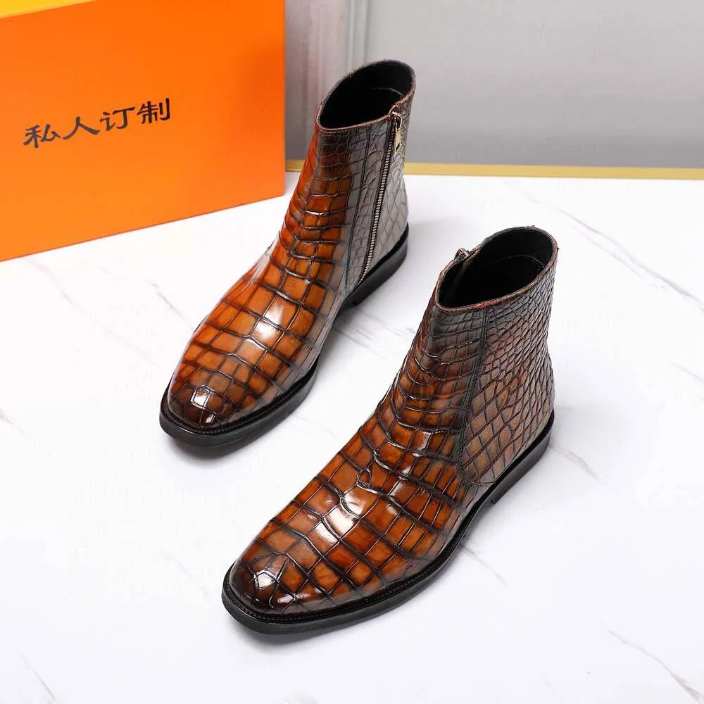 Crocodile Shoes Men's Crocodile Leather Side Zipper Chelsea Boots